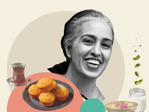 A graphic design collage of a woman smiling surrounded by cake and tea