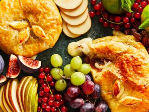 fruit platter with bake brie in puff pastry