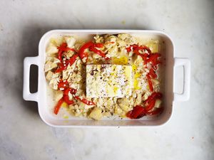 roasted red peppers and feta in a casserole dish