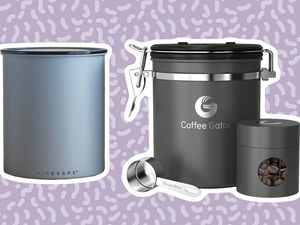 Two different types of Coffee Canisters outlined in white on a purple background