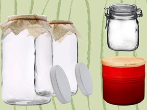 Best containers for sourdough starter collaged against green striped background