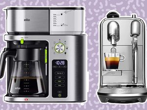 Best high-end coffee makers collaged against colorful purple background