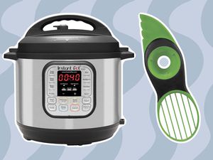 Instant Pot Duo 7-in-1 Electric Pressure Cooker, 6 Quart and Oxo Good Grips 3-in-1 Avocado Slicer displayed on a patterned background