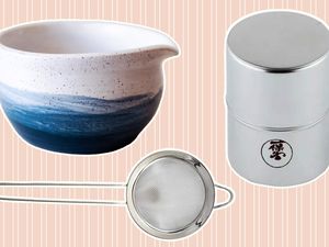 A collage of matcha whisks and accessories we recommend on a blue background