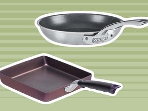 Best pans for eggs collaged against green striped background