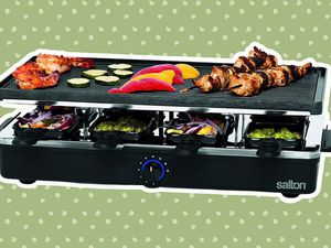 Salton 8-Person Party Grill and Raclette outlined in white and displayed on a green and yellow polka dot background 