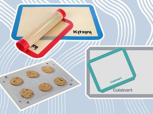 Best silicone baking mats collaged against blue and white striped background