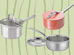 Best small saucepans collaged against green striped background