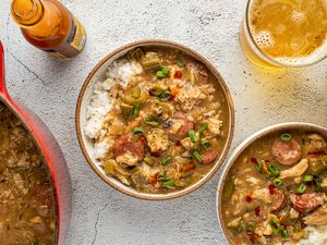 Cajun Gumbo in bowls and in a pot 