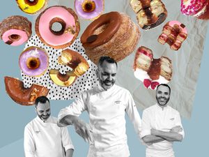 A graphic design image with three photos of Chef Dominique Ansel surrounded by colorful Cronuts.