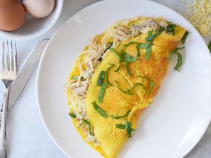 Chicken omelet on a white plate