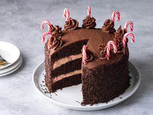 Chocolate Candy Cane Cake on a platter 