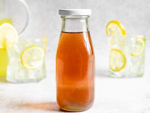 Lavender simple syrup in a glass bottle