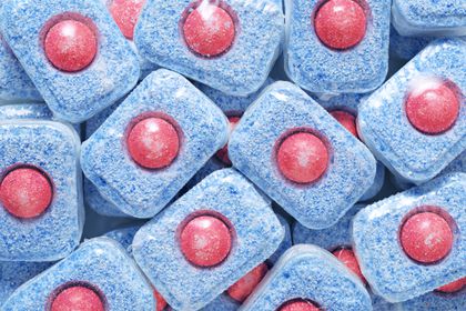 powdered blue and red dishwasher tablets