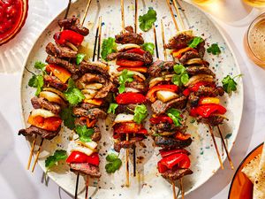 Mexican Fajita Kebabs on a platter 