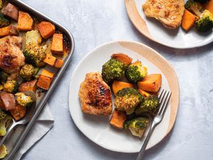 Roasted Sheet Pan Chicken, Sweet Potatoes, and Broccoli