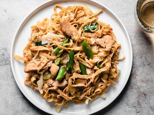 Shanghai Stir-Fried Noodles With Chicken on a platter 