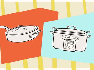 Slow cooker and frying pan on a colorful background
