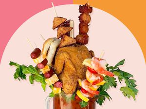 A graphic design image with a bloody mary in the center garnished with fried chicken, shrimp, and more.