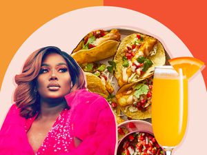 A graphic design lead image of Alicia Love Williams with tacos and a mimosa. 