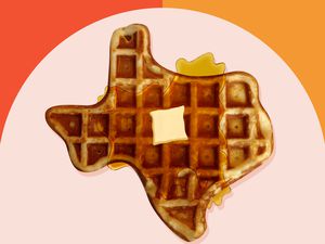 A graphic design image with a waffled shaped like Texas in the center with a pat of butter.