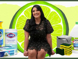Woman sitting in the middle of a giant lime surrounded by cleaning supplies