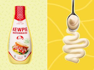 A bottle of Kewpie mayo next to a spoon of mayo
