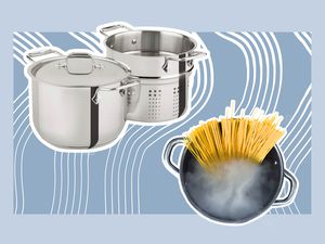Assortment of best pasta pots including pot of pasta with boiling water collaged against blue background