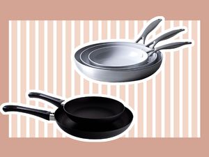 Best eco-friendly cookware collaged against pink striped background