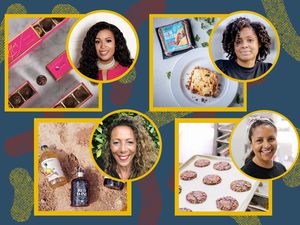 A designed image with four Black women and their plant-based products, including cookies and chocolates.