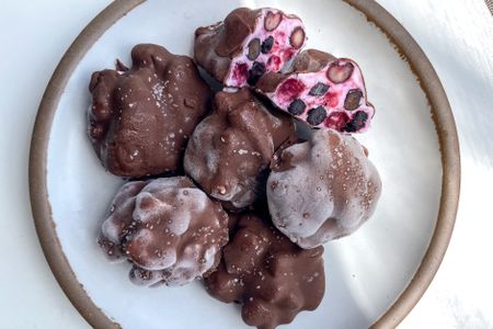 chocolate covered blueberry yogurt clusters on a plate
